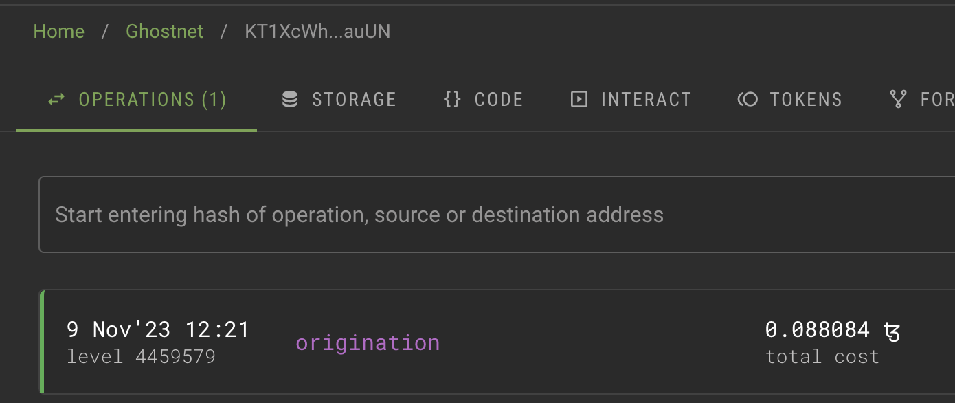 The block explorer, showing information about the contract